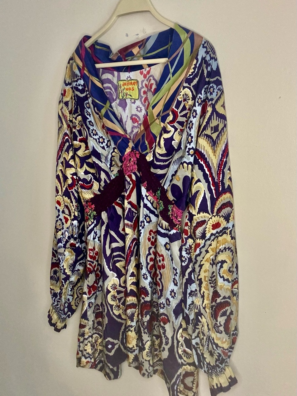 Johnny Was Multicolor Paisley deep v-neckline smocked empire waist tunic blouse.